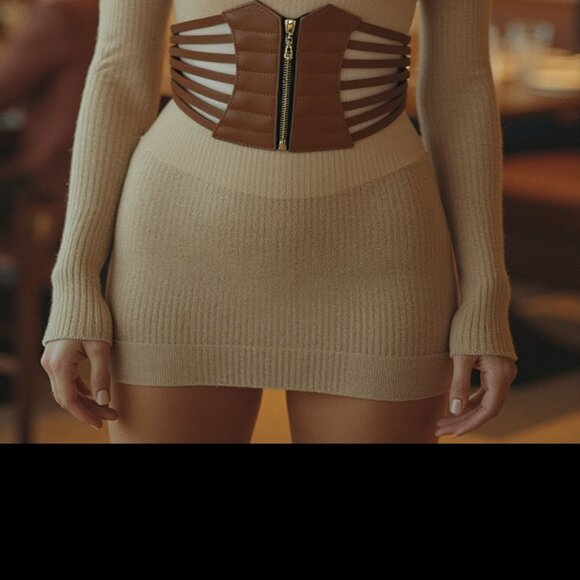 Cute Women Wide Corset Belt Waist Hip Brown Elastic Faux Leather Adjustable M L - Picture 10 of 17